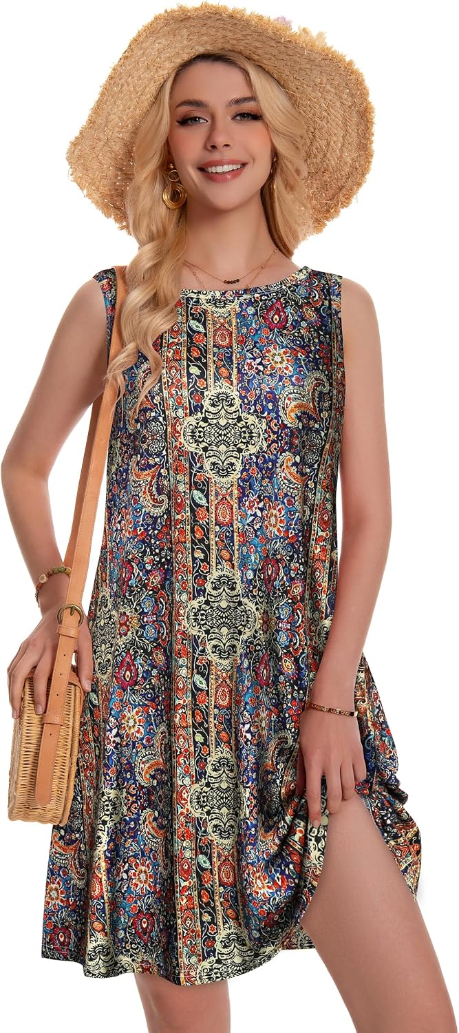 Detalle de Summer Dresses for Women Beach Boho Sleeveless Vintage Floral Flowy Pocket Tshirt Tank Sundresses 2026
