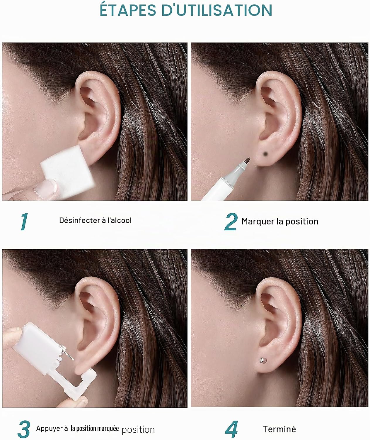 Detalle de Kit de perçage d’oreille jetable Yiorxu (8 pièces) avec pistolet et boucles à tige en acier inoxydable
