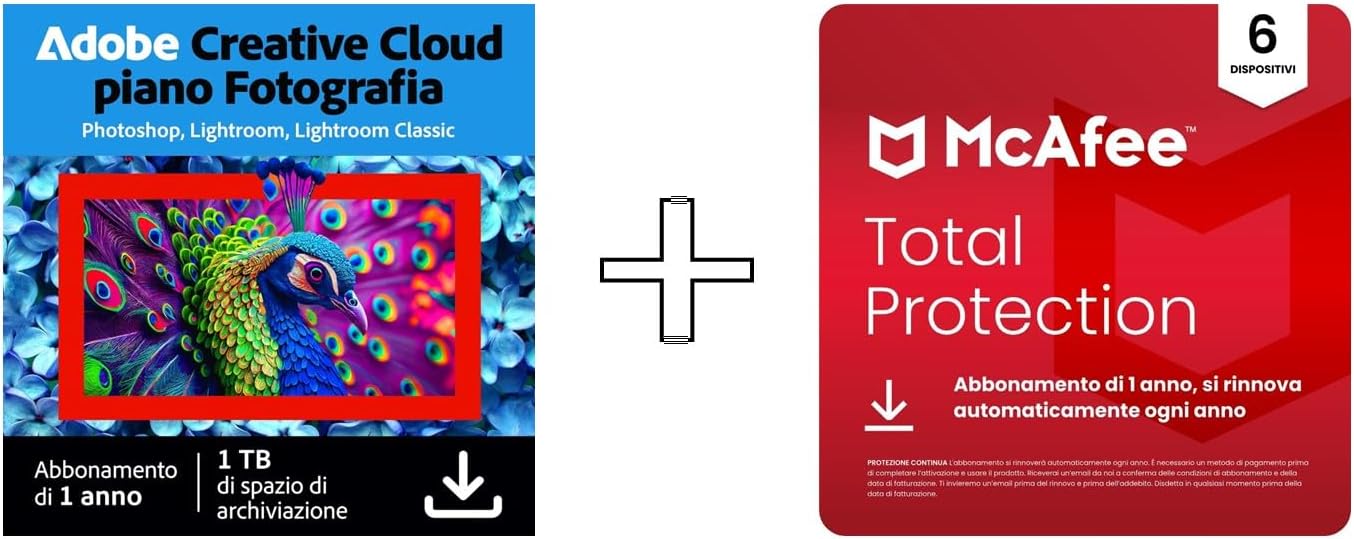Detalle de Adobe Creative Cloud 1TB & McAfee Total Protection 2025 (Rinnovo automatico) | 6 Dispositivi | 12 Mesi