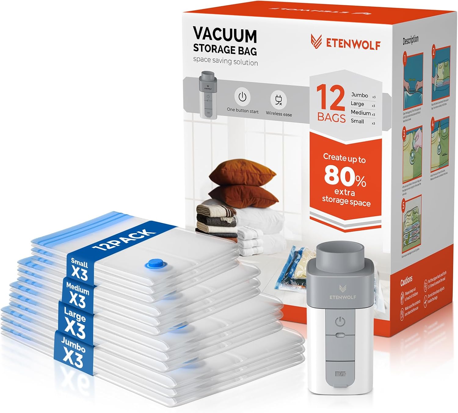 Detalle de ETENWOLF 12-Pack Vacuum Storage Bags with Rechargeable Wireless Pump