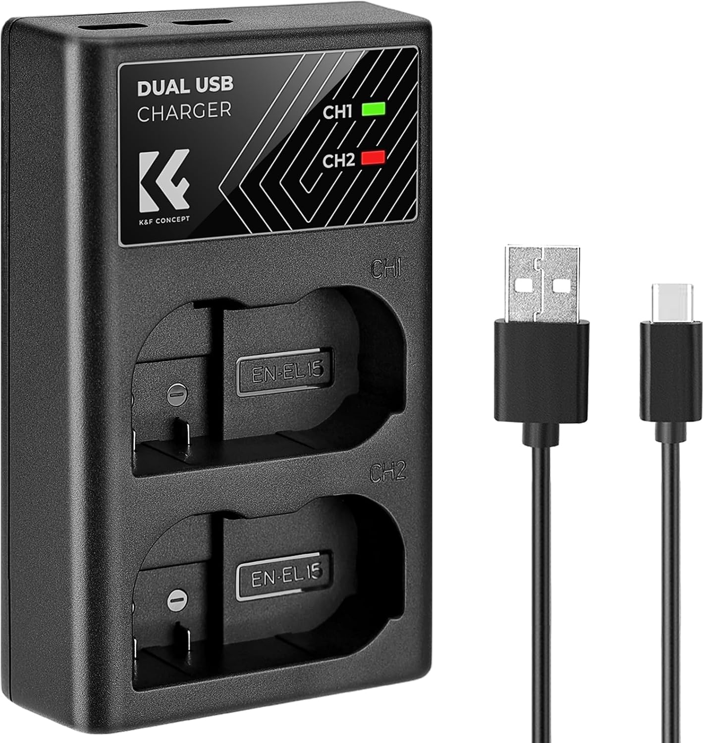 Detalle de K&F CONCEPT EN-EL15 Dual Slot Fast Charger (EN-EL15/EN-EL15a/EN-EL15b) with USB-C and Micro USB cable
