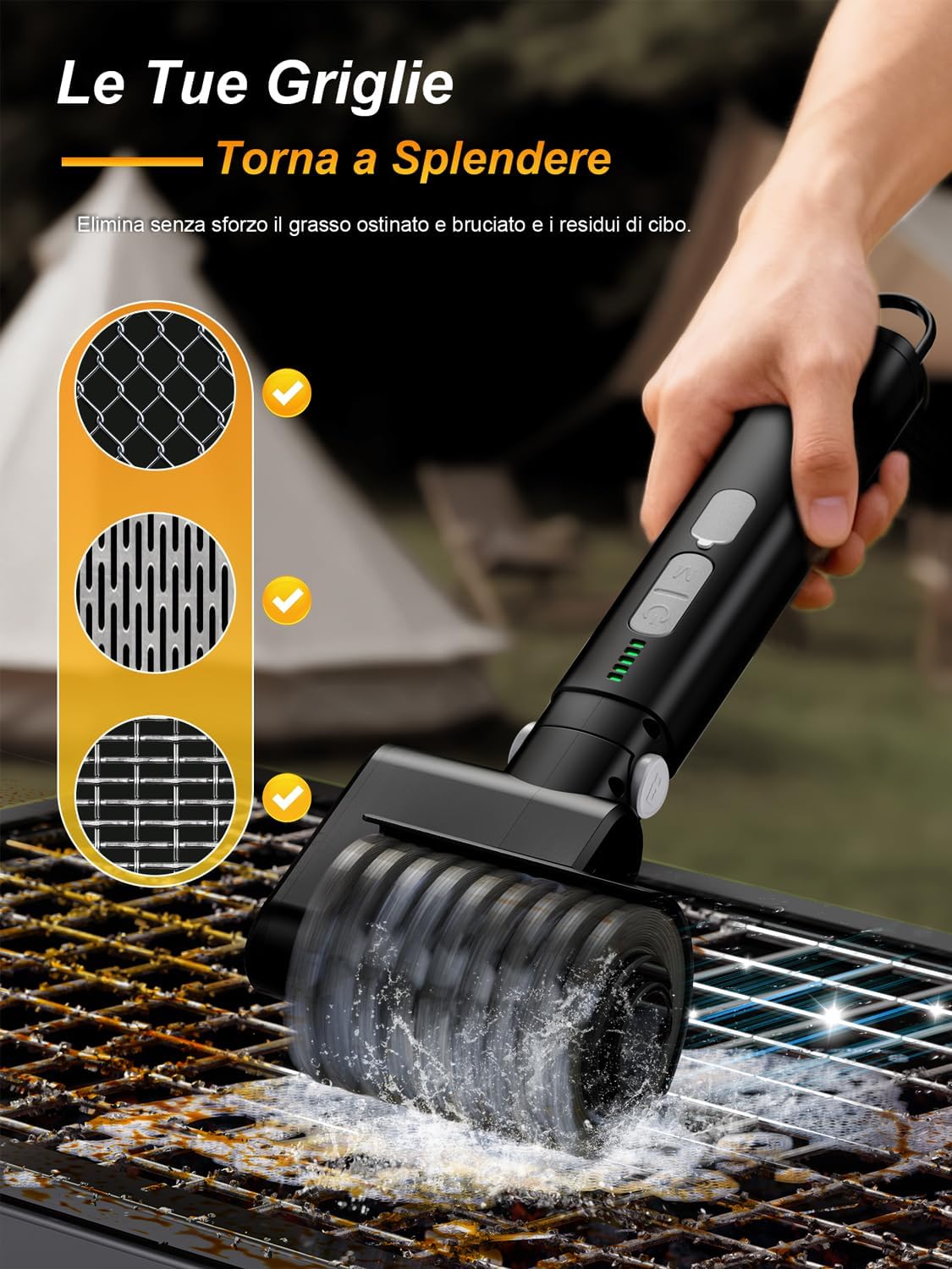 Detalle 2 de Spazzola Elettrica per Grill con 3 Velocità, Ricaricabile e Senza Fili – 2 Testine e Tampone Abrasivo