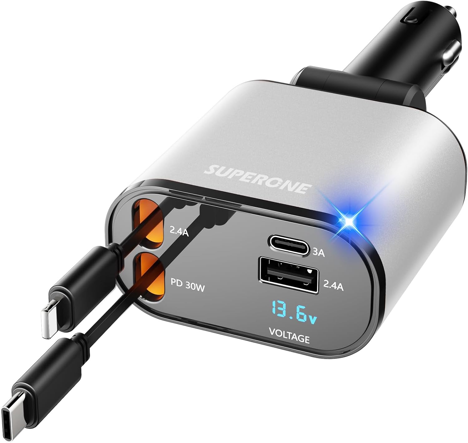 Detalle de SUPERONE Retractable Car Charger with 2.6ft Cord