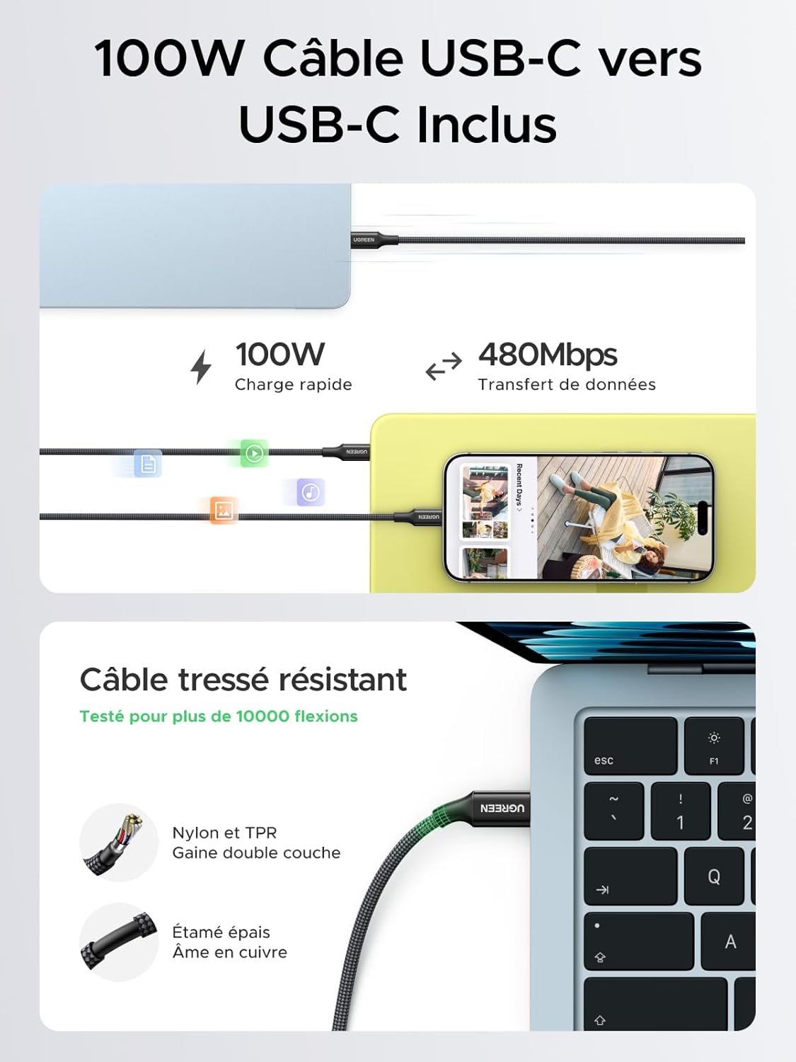 Detalle de UGREEN Nexode Air 65W: Chargeur USB-C GaNInfinity avec câble 100W — polyvalent et compact