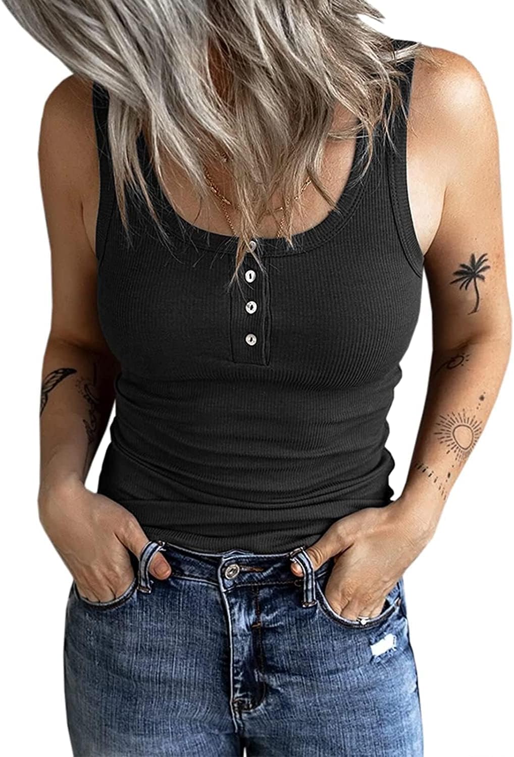 Detalle de Fessceruna Damen Top: Sexy U-Ausschnitt Tanktop, Ärmel-los, gerippt