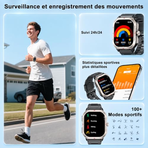 Detalle de Jugeman Montre Connectée Homme Militaire – GPS intégré, écran 2,06" et autonomie polyvalente
