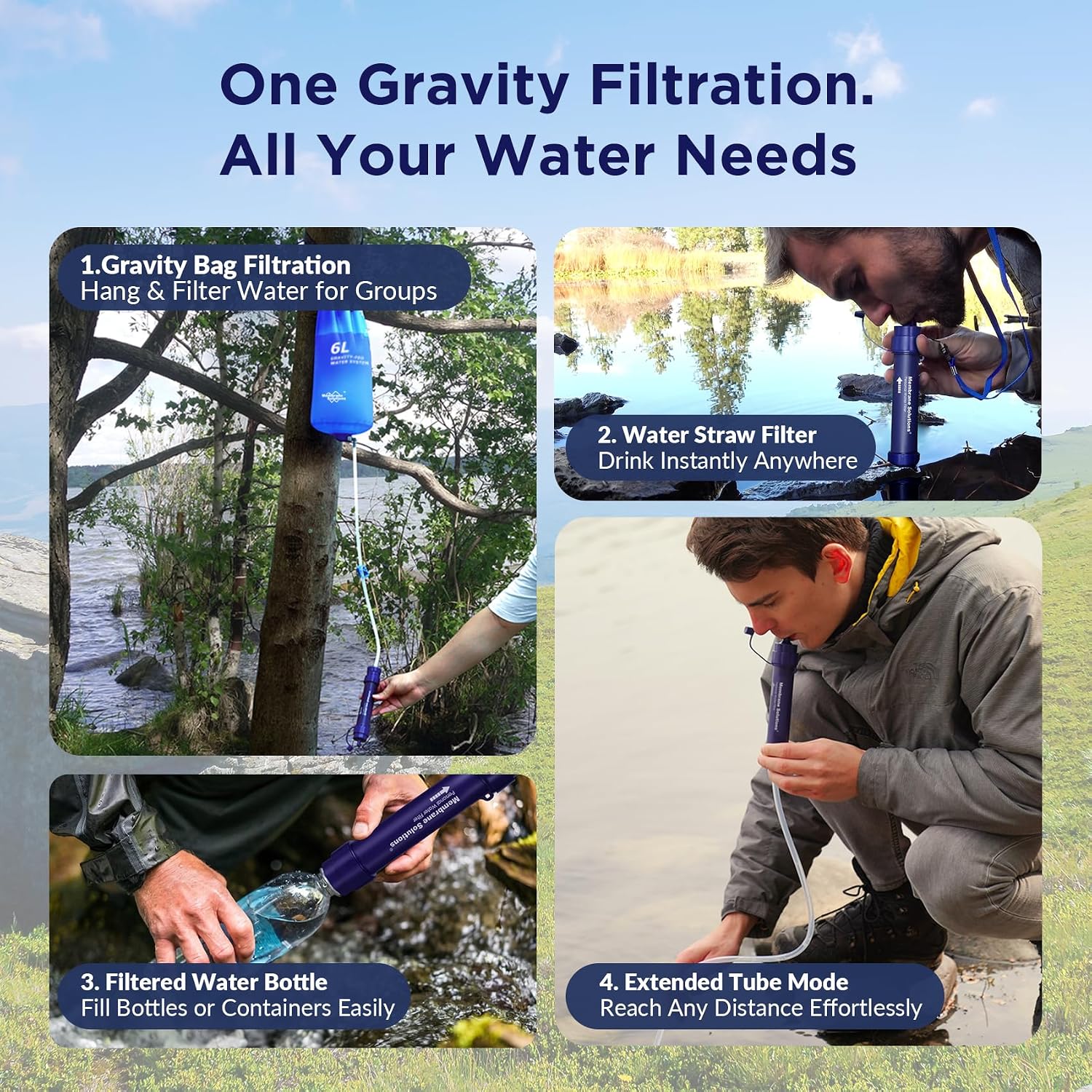 Detalle 2 de Membrane Solutions Gravity Water Filter Pro: 0.1-Micron 4-Stage Personal Filter Straw with 6L Gravity Bag