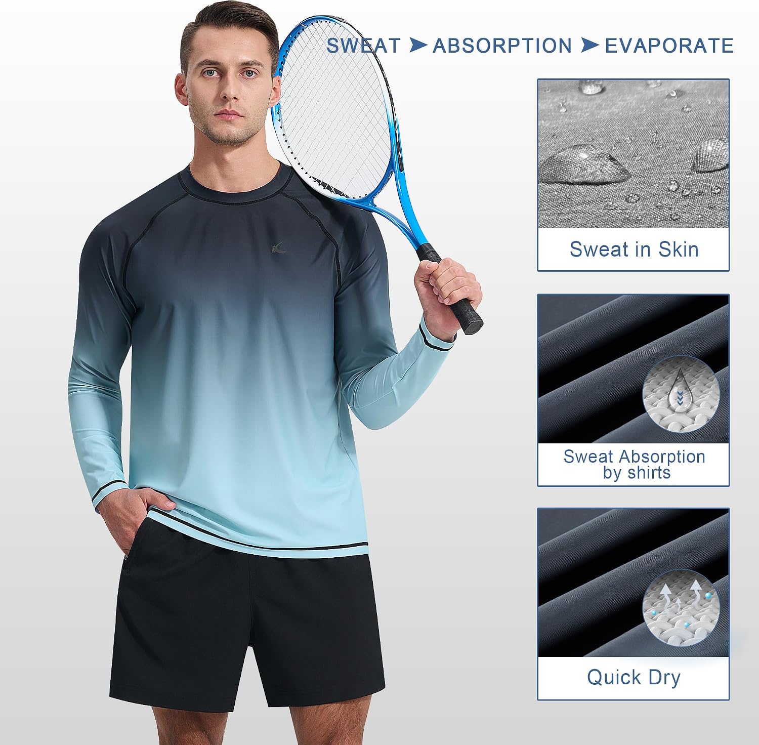 Detalle 2 de KPSUN Men's UPF 50+ Rash Guard Swim Shirt, Lightweight 4-Way Stretch