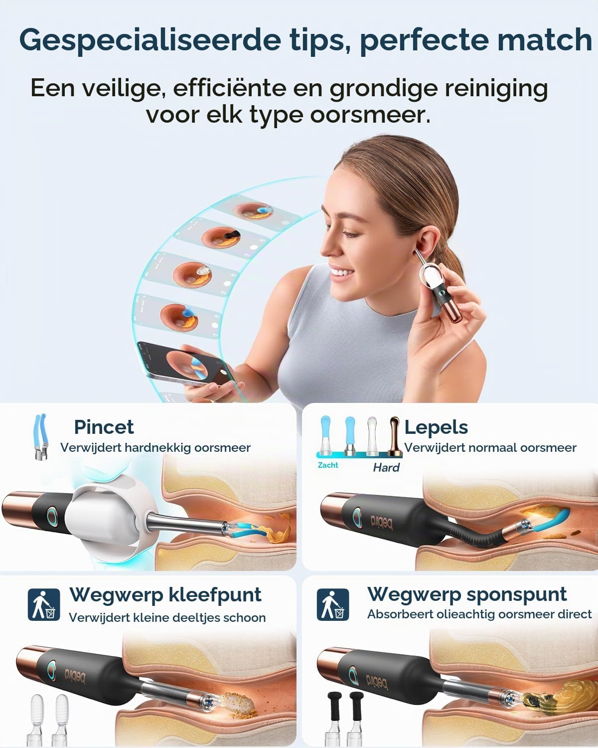 Detalle 2 de BEBIRD EarSight Ultra otoscoop met flexibele camera, licht en 5 opzetstukken