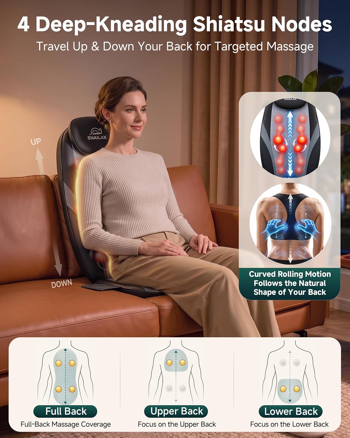 Detalle de Snailax 2026 Upgraded Shiatsu Roller Back Massager with Heat — Deep Tissue Chair Pad for Home or Office