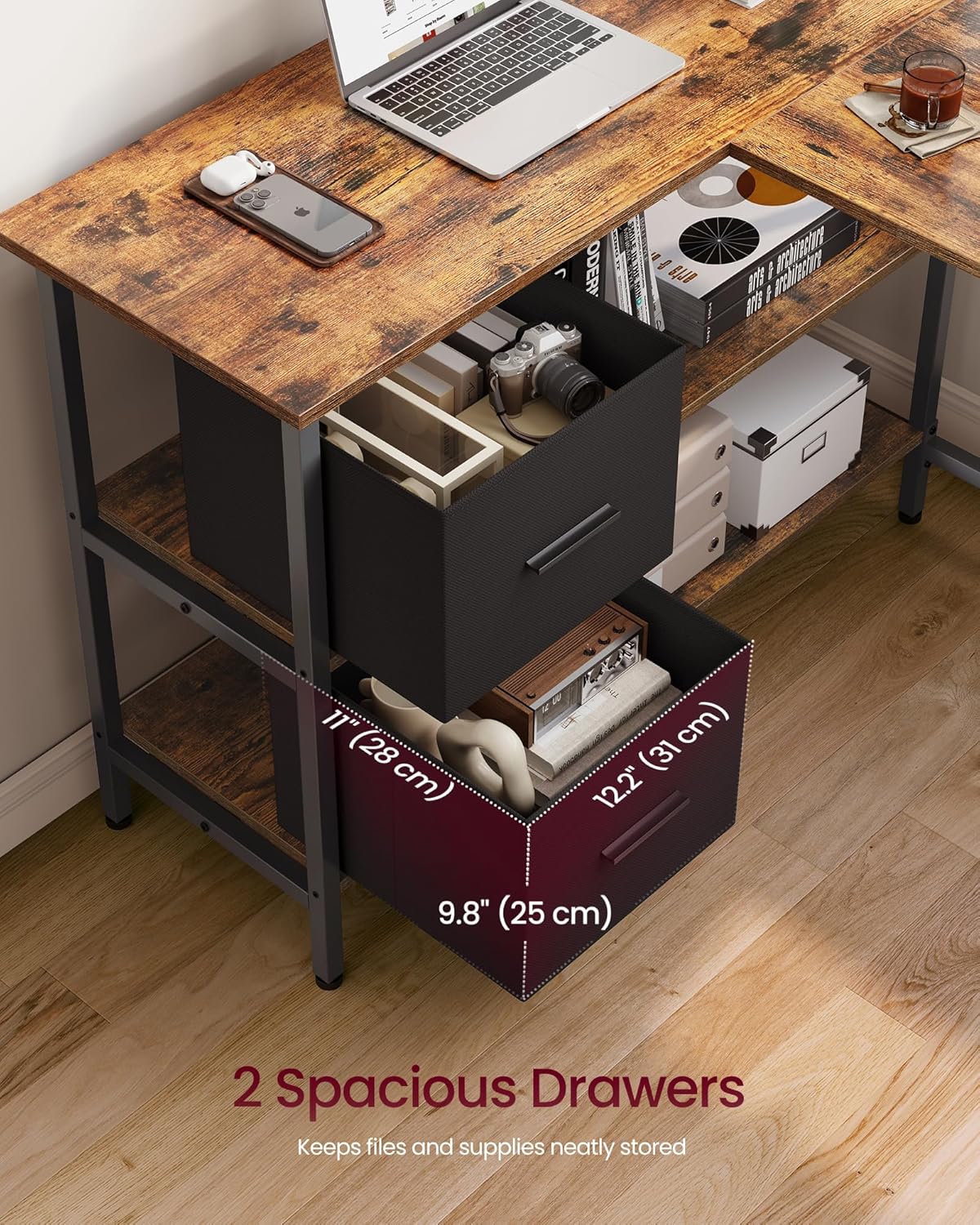 Thumbnail 3 de VASAGLE L-Shaped Desk with 2 Drawers (LWD097B01) — Reversible Corner Computer Desk in Rustic Brown