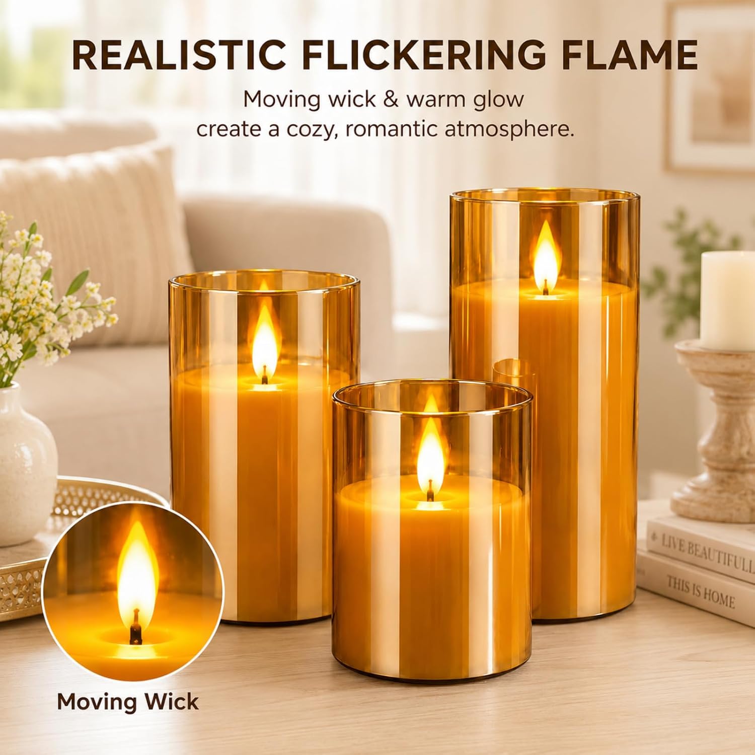 Detalle de YMing battery-operated flameless LED candles set (gold glass pillar) with remote timer – realistic flicker wick flame mode