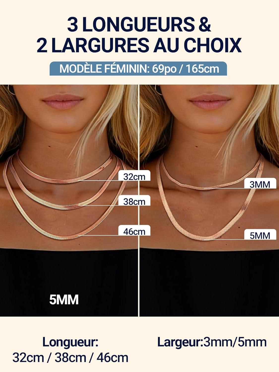 Thumbnail 3 de PROSTEEL Collier Femme - Chaîne miroir plaqué or rose, inox 316L, 46 cm (3/5 mm)