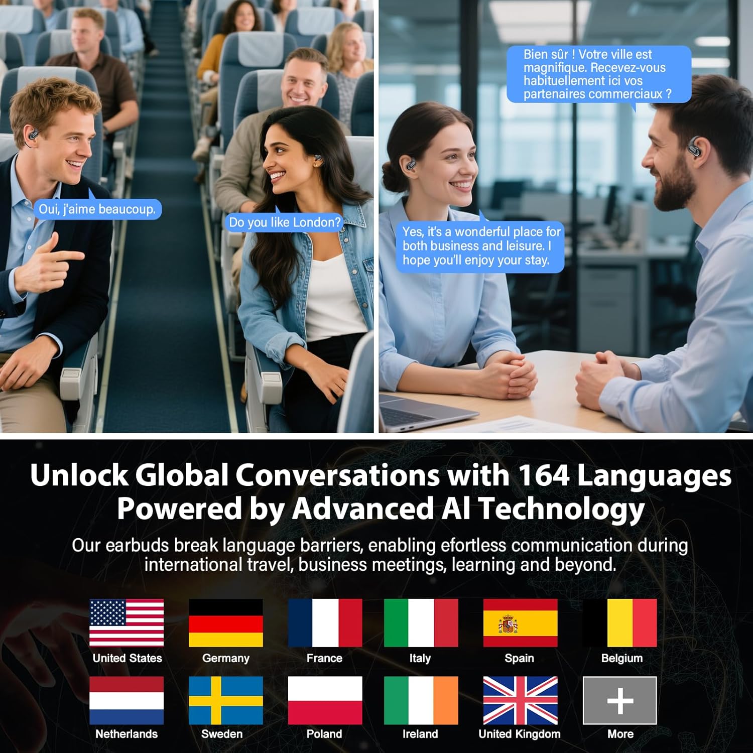 Thumbnail 1 de QXUFV QX68 Écouteur Traducteur Instantané: 164 langues, 9 modes IA, son ouvert et 4 en 1