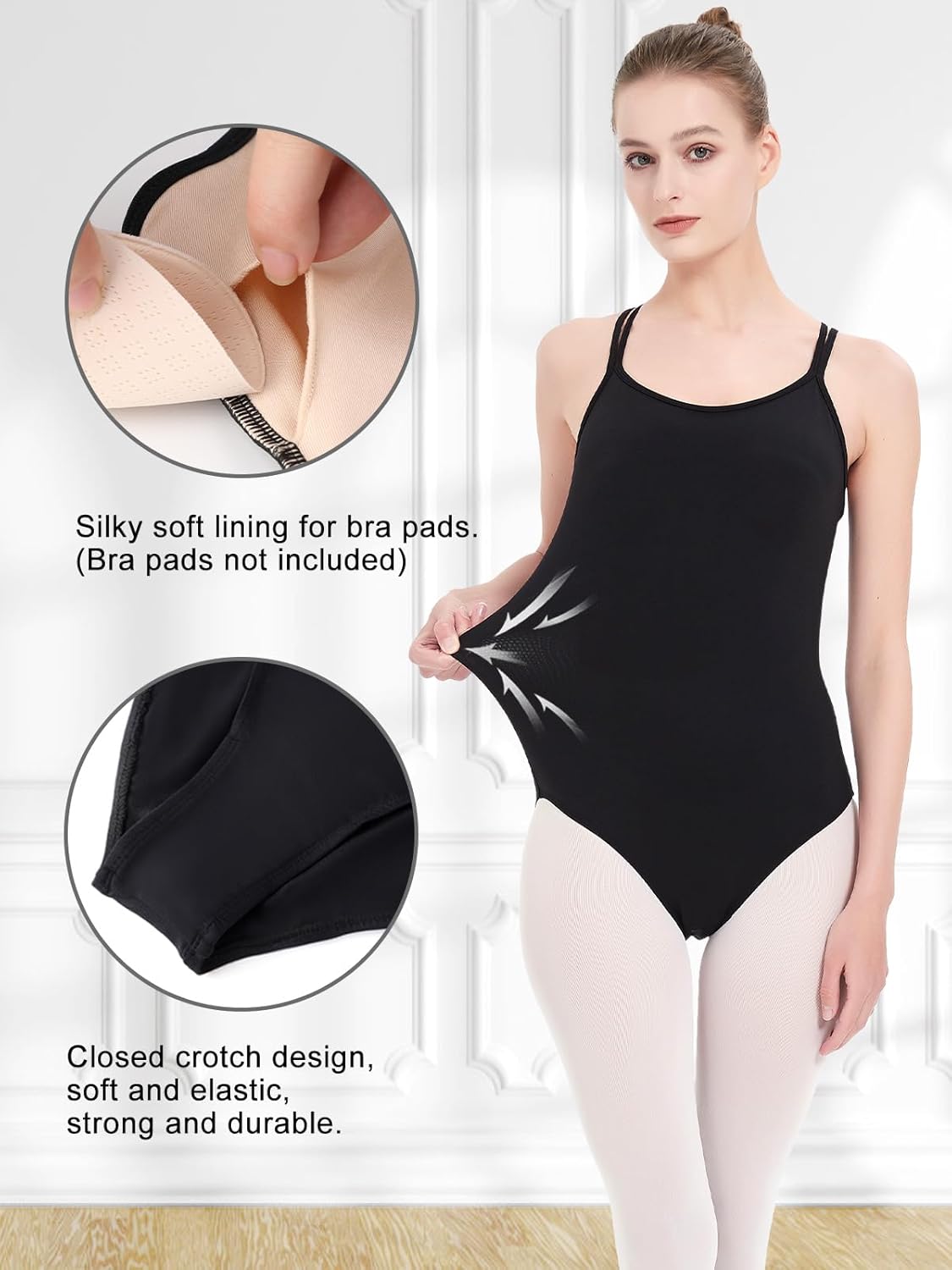 Detalle de Kefiyis Body Danza Classica Donna — Camisole Body Ginnastica Artistica Nero, Alta Elasticità