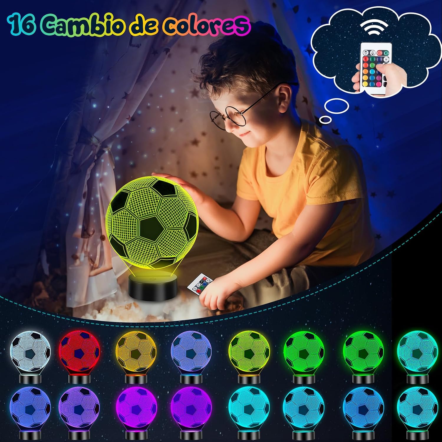 Thumbnail 2 de Linkax Luz Nocturna 3D Fútbol Infantil: Ilusión Óptica, 16 Colores y Control Remoto