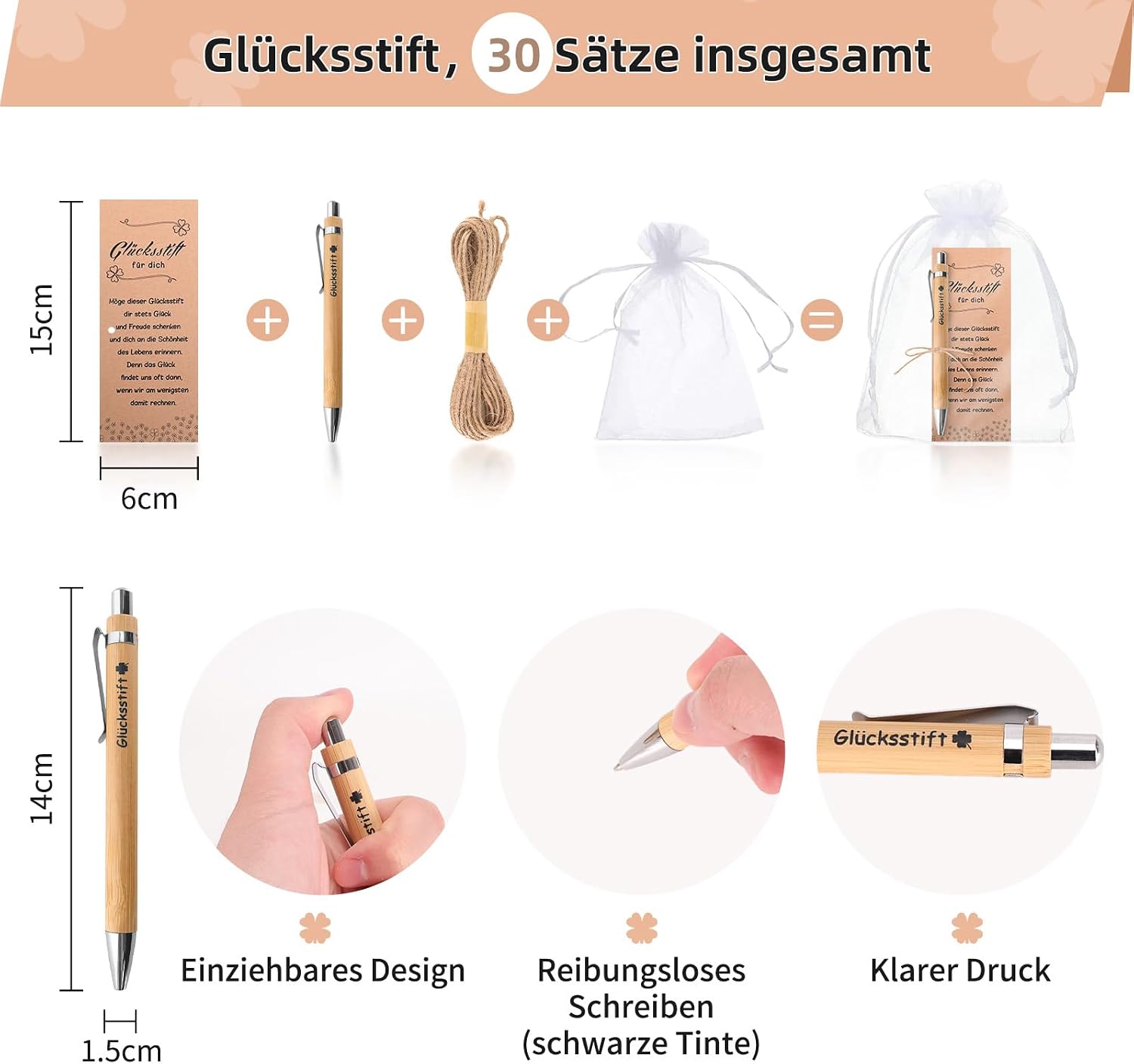 Detalle de GADITIEK 30 Sets Gastgeschenke zur Hochzeit – Glücksstifte aus Holz mit „Lucky Pen“, Organza-Beuteln & Grußkarten