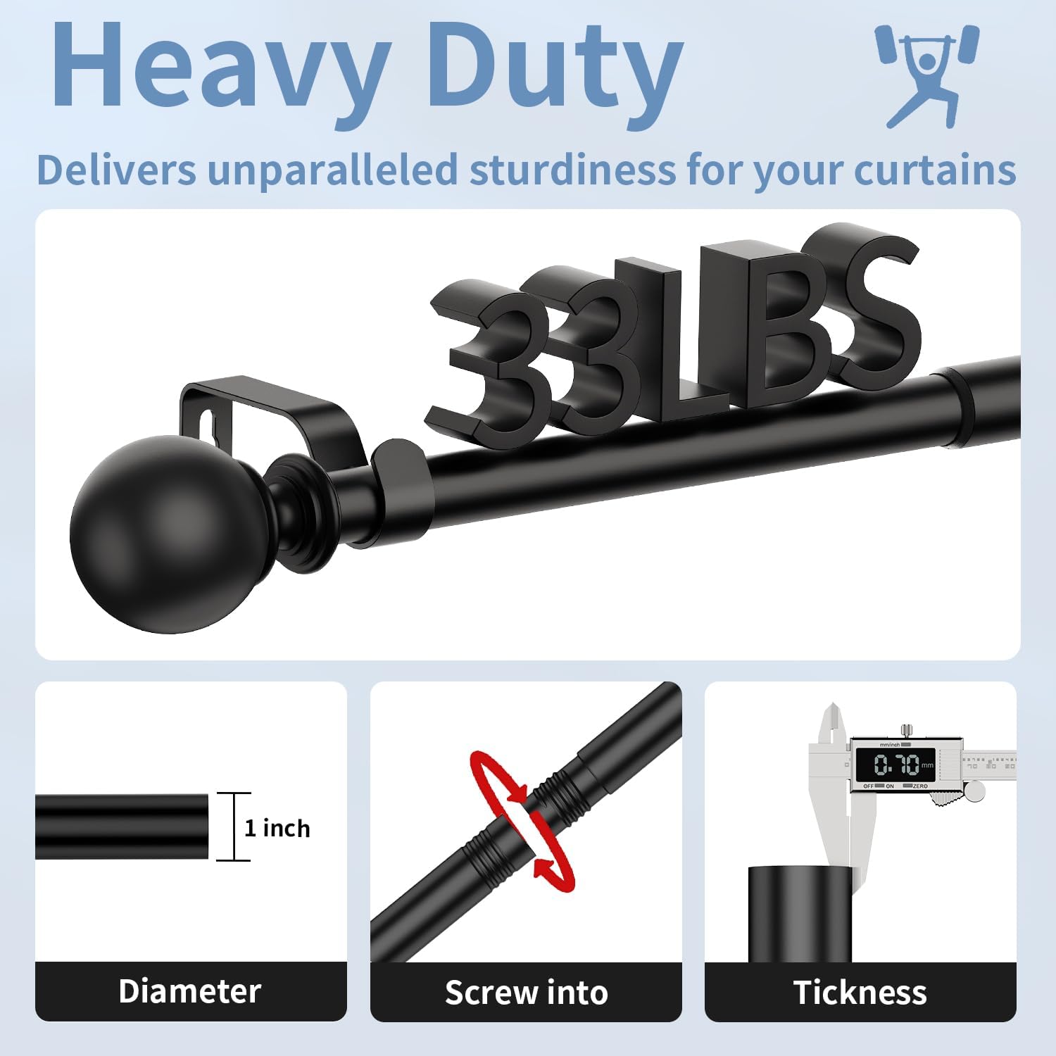 Detalle de JOSYRY Long Curtain Rod, 1-Inch Metal Pole for Wide Windows, Black
