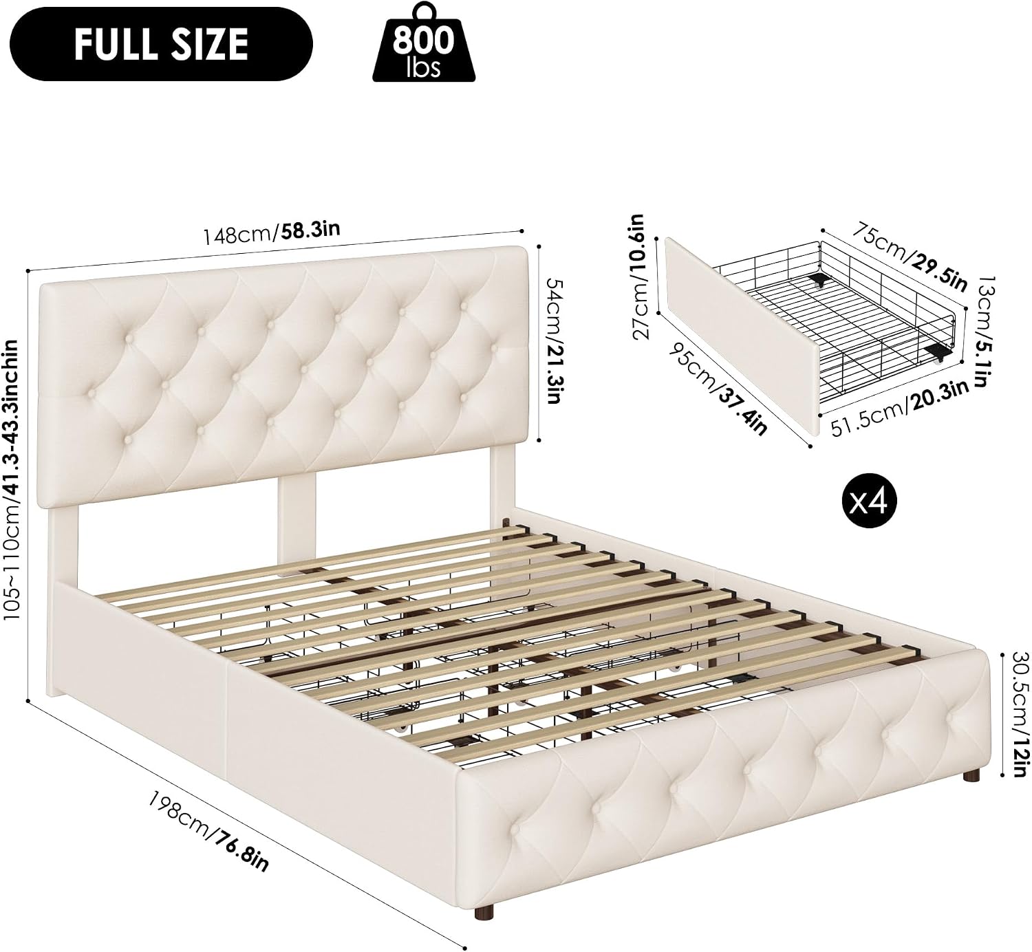 Detalle 2 de Keyluv Full Size Upholstered Platform Bed Frame