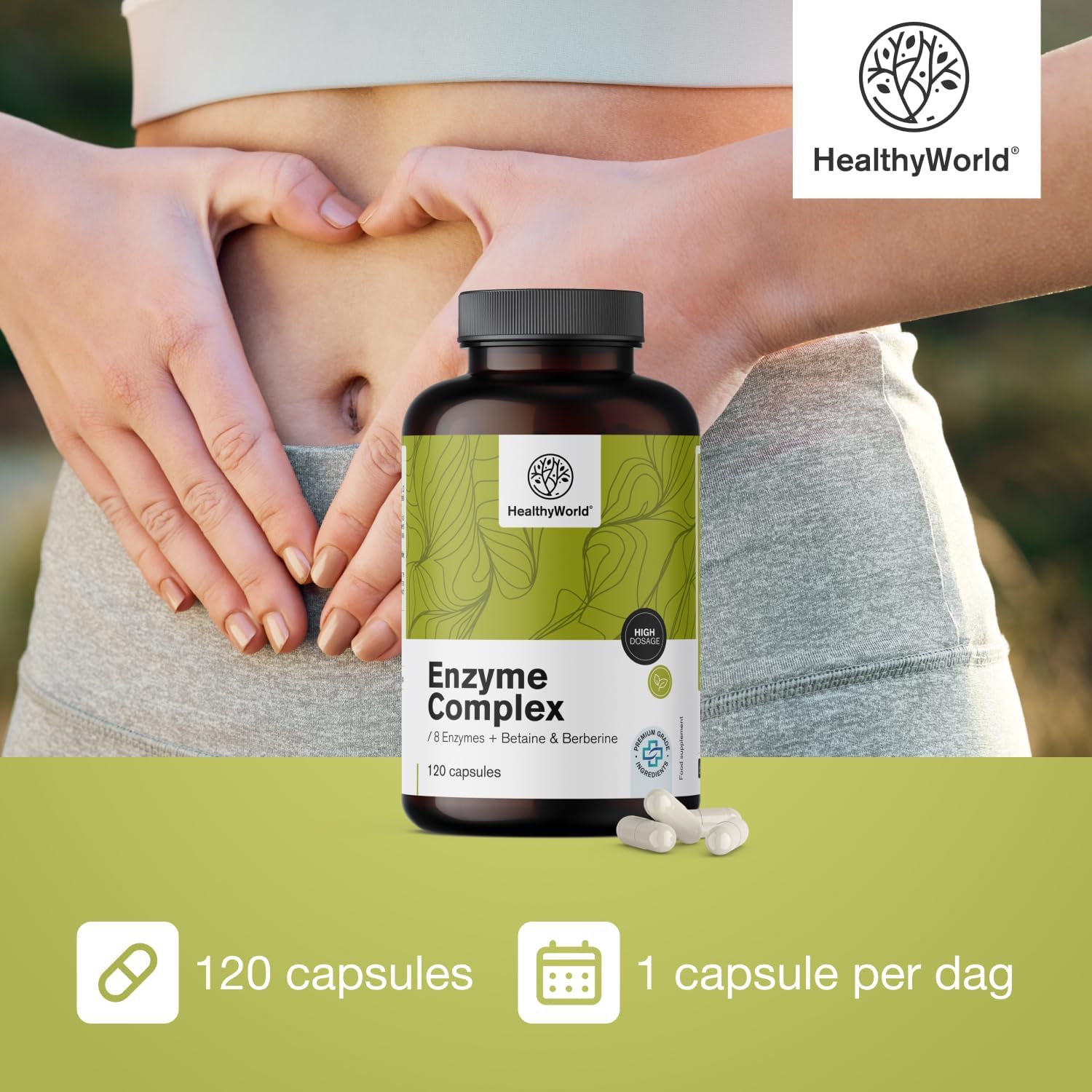 Detalle 2 de HealthyWorld Enzymcomplex capsules met 8 enzymen, berberine en betaïne HCl