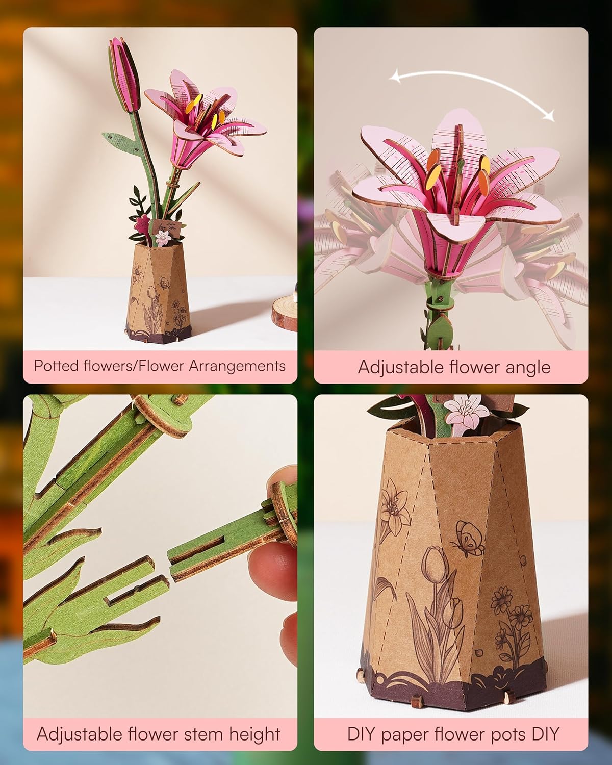 Thumbnail 4 de ROBOTIME 3D Puzzle Pink Lily: Wooden Flower Model Kit for Relaxed Crafting & Beautiful Home Décor