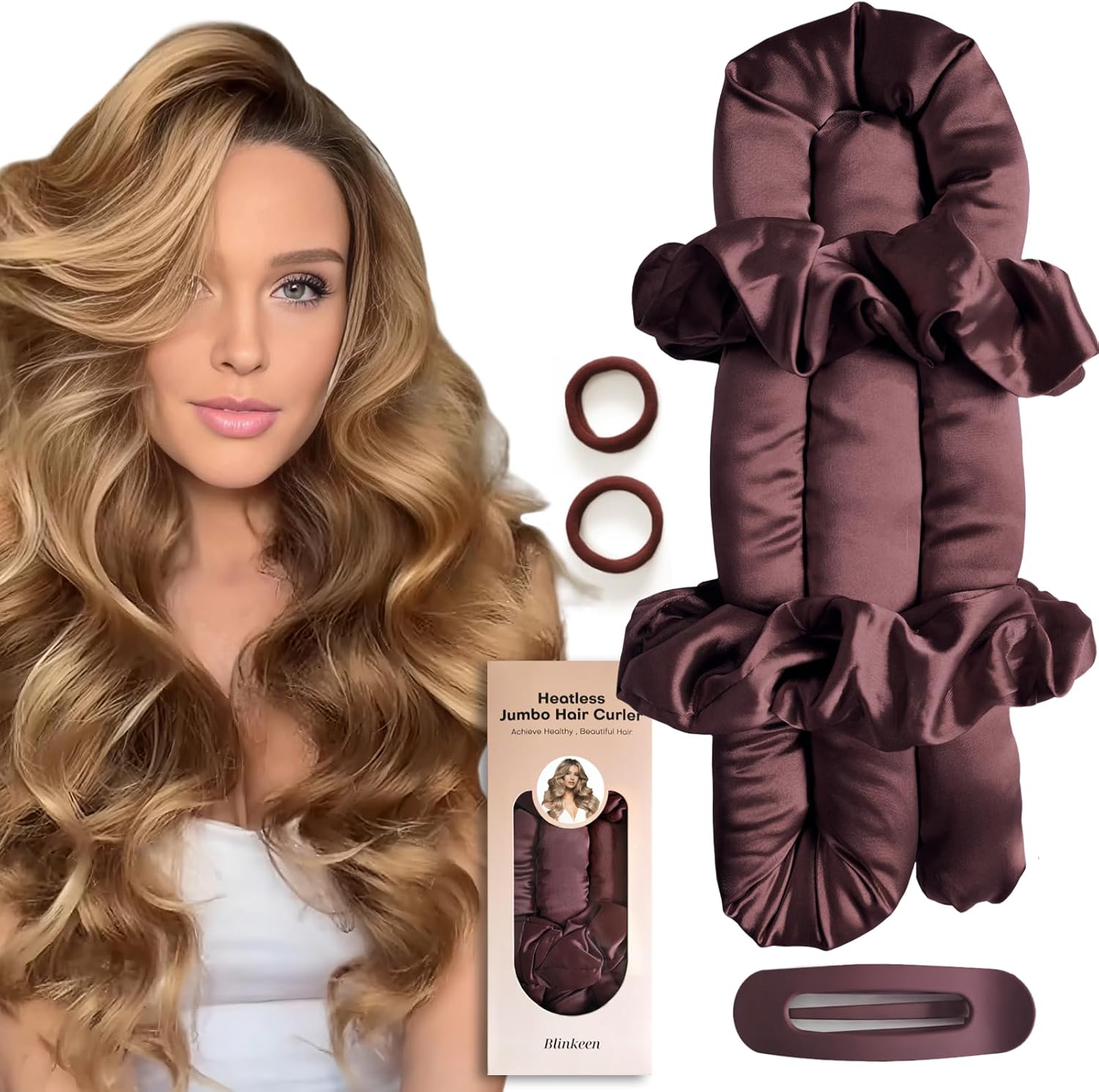 BLINKEEN Jumbo Heatless Hair Curler Set — Satin Overnight Curls (Burgundy)