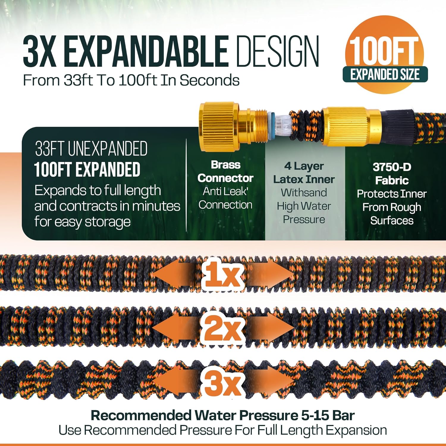 Detalle de MOSII 100FT Expandable Garden Hose Pipe – Flexible 3x Extendable with 10-Pattern Nozzle