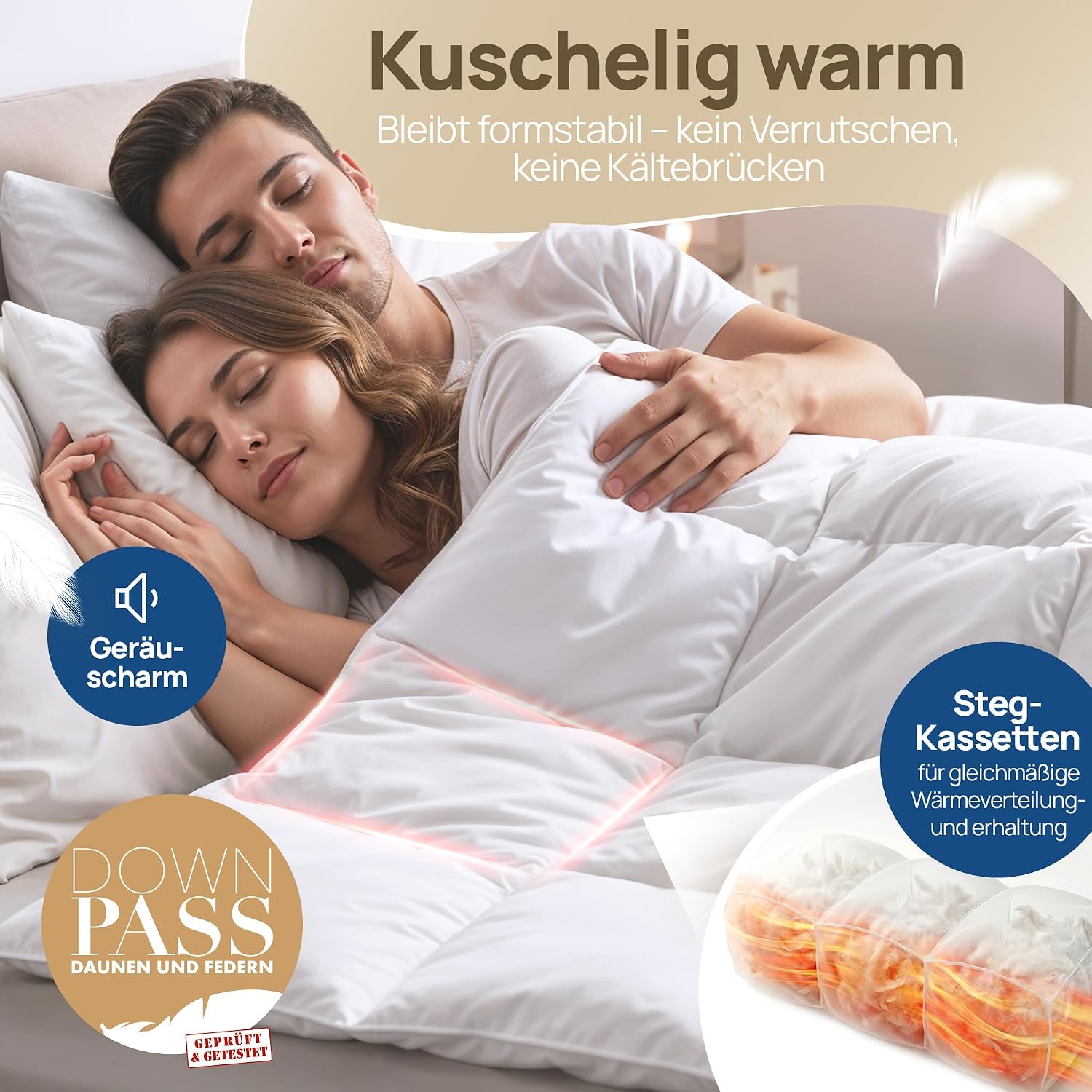 Detalle de LILENO HOME Premium Daunendecke 135x200 Ganzjahresdecke – 90% Daunen / 10% Federn, Flüsterleise & Wolkenweich