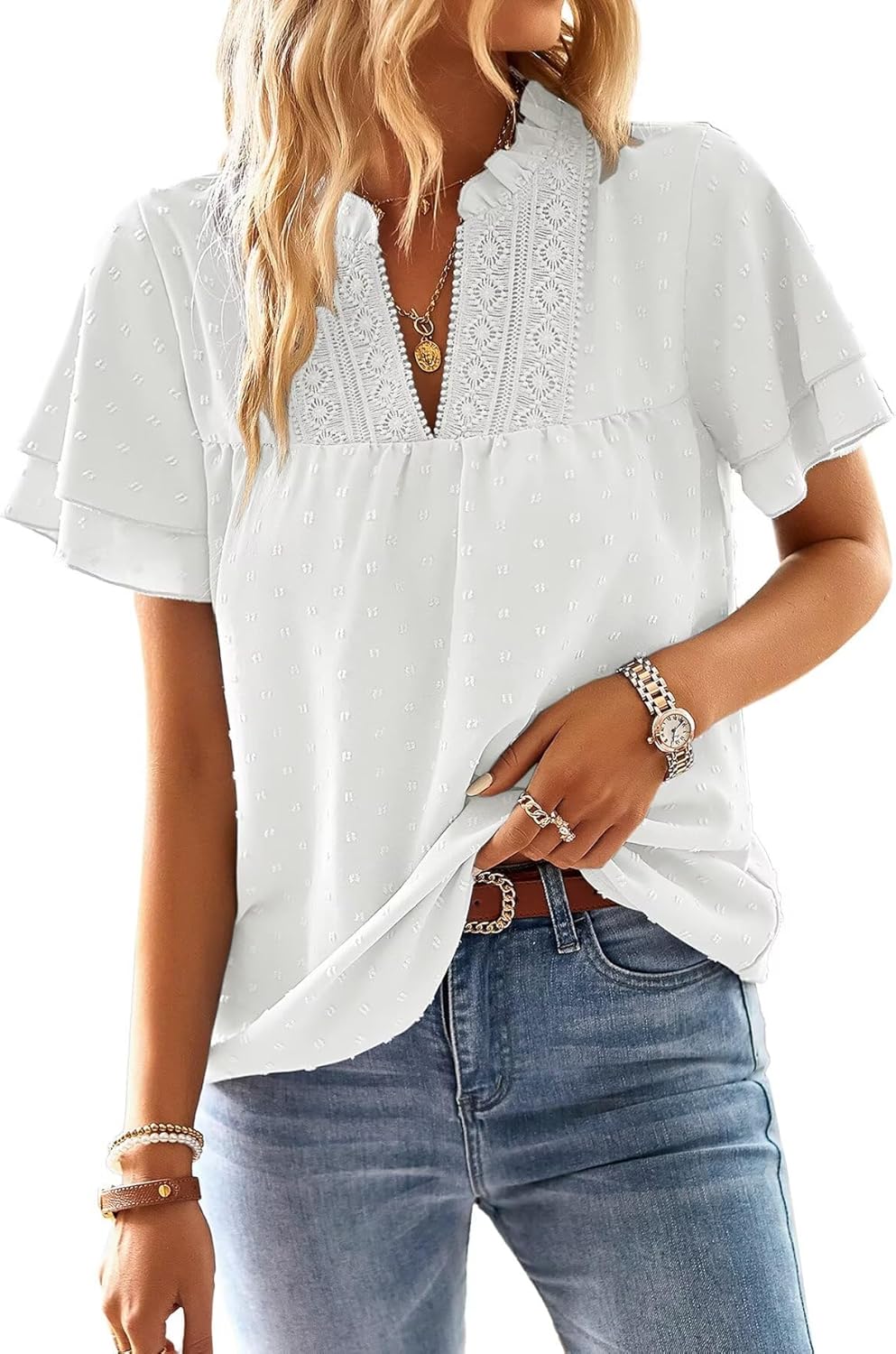 Detalle de Falechay Crochet Lace Blouse with V-Neck