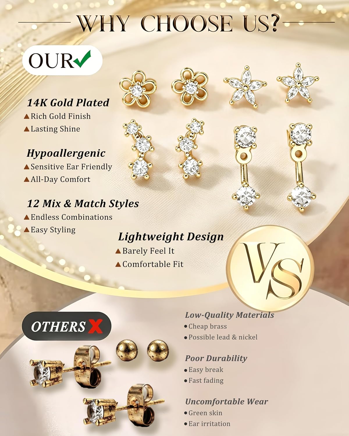 Detalle de Gold-Plated Stud Earrings Set, 12 Pairs
