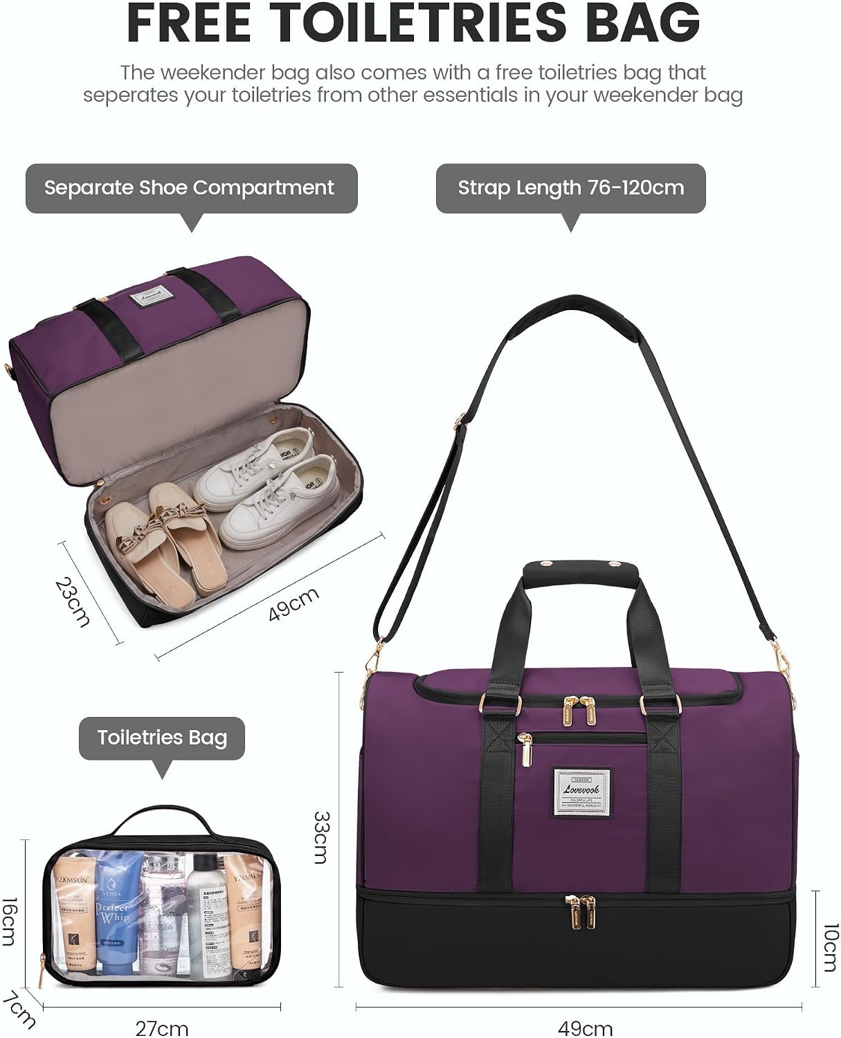 Thumbnail 1 de LOVEVOOK Weekend Overnight Bag for Women with Shoe Compartment & Wet Pocket (carry on travel & gym)