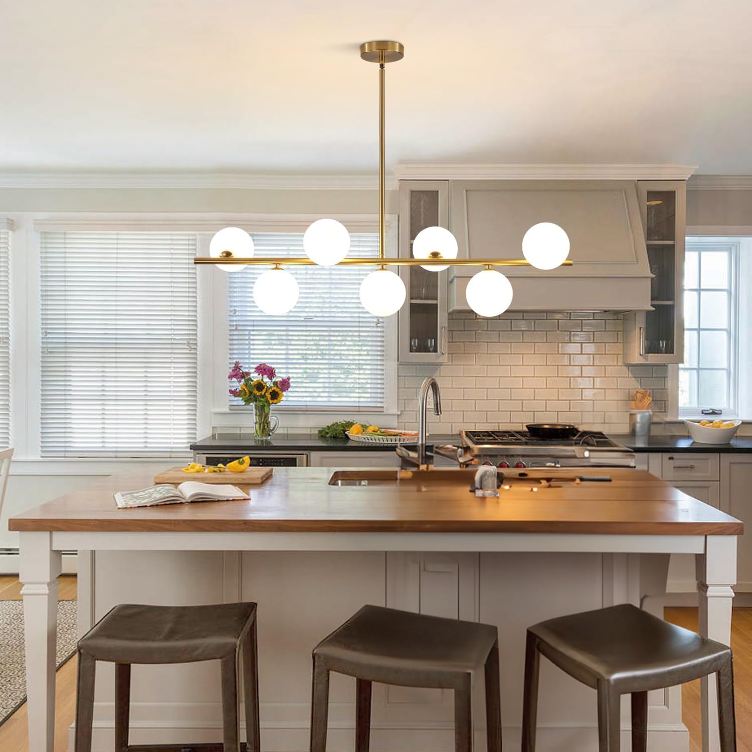 Thumbnail 6 de BOKT BP1078 7-Light Linear Chandelier with White Glass Globes, Brushed Gold