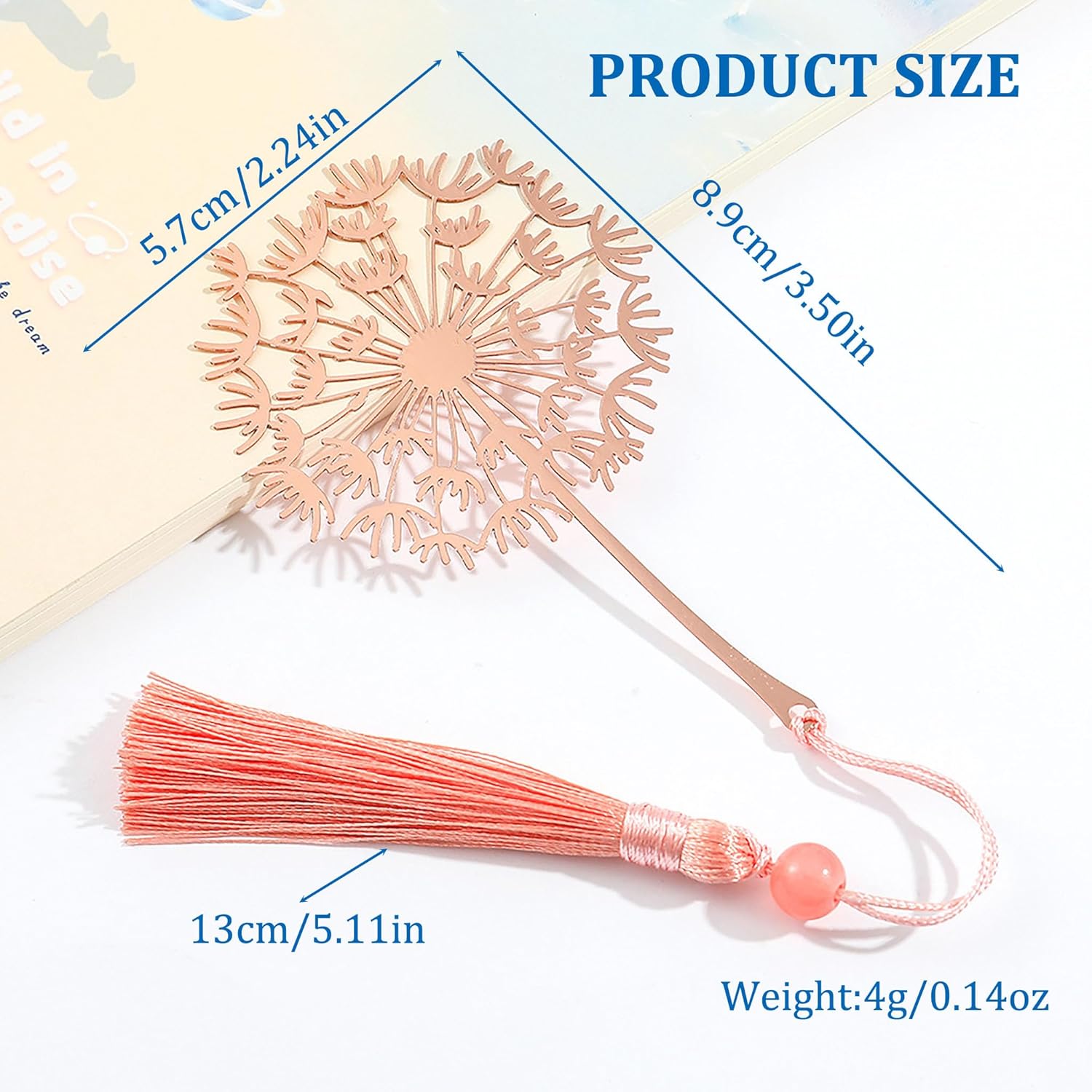 Detalle 2 de Elegant Rose Gold Dandelion Metal Bookmark with Tassel and Gift Box