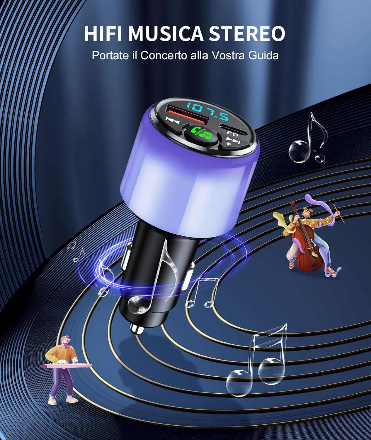 Thumbnail 5 de Mohard Trasmettitore FM Bluetooth 5.3 per Auto con PD 30W e QC3.0 18W, LED Ambient e Vivavoce