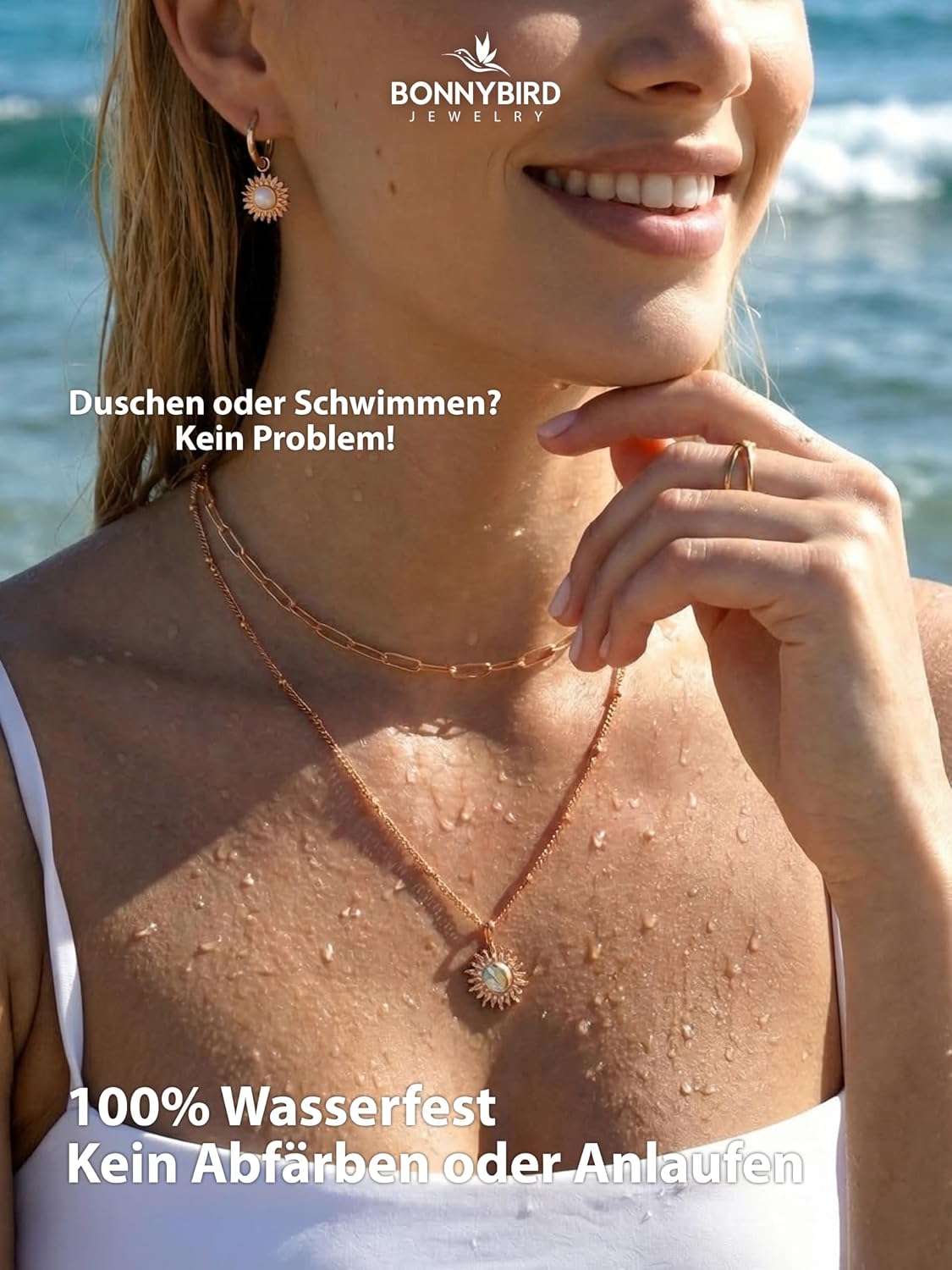 Detalle de BONNYBIRD BonnySun wasserfeste Edelstahlkette Sonne für Damen (Silber, Gold & Roségold) – 100% wasserfest & hautverträglich