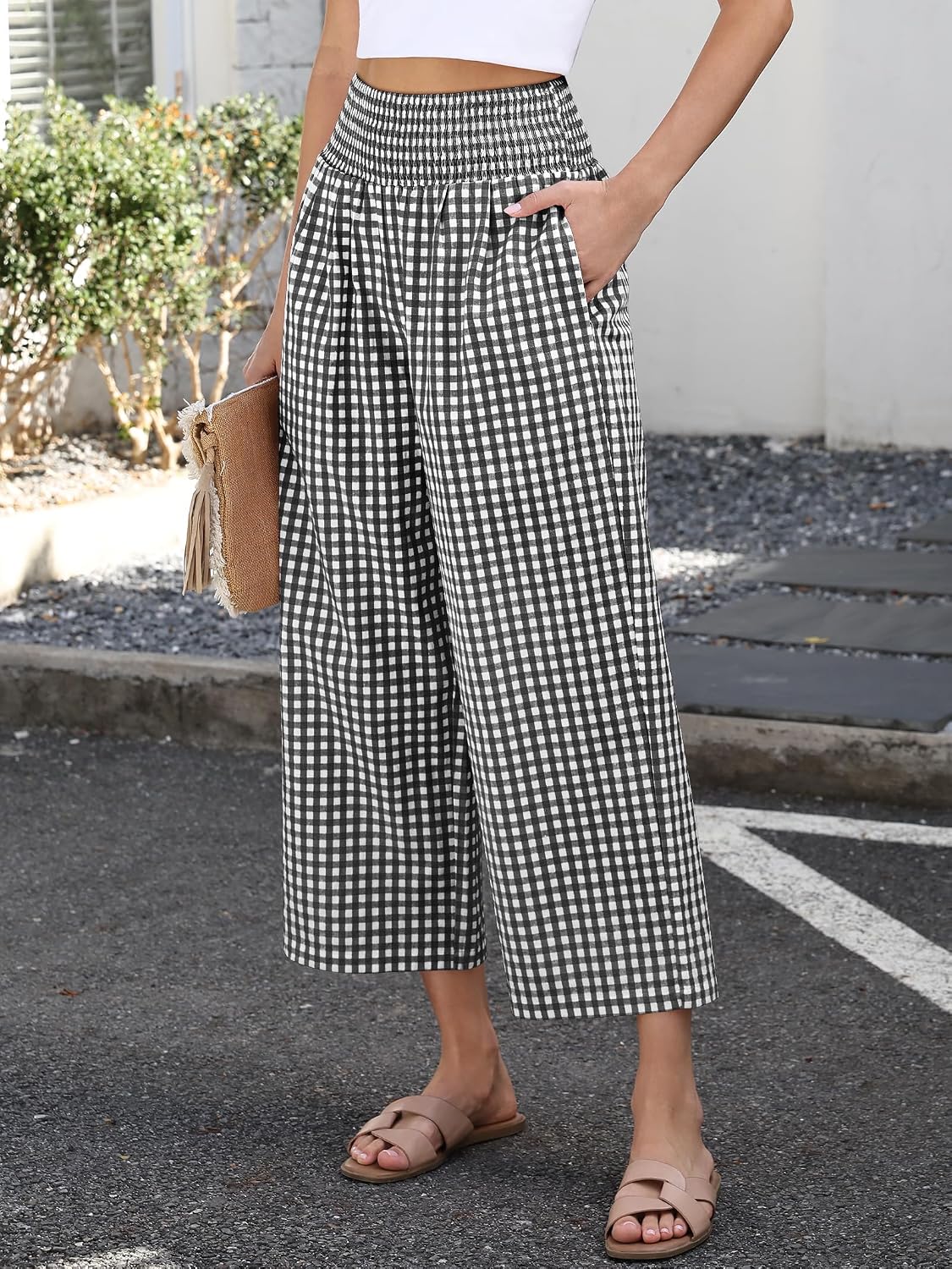 Thumbnail 2 de ANRABESS Striped Gingham Palazzo Pants with Smocked High-Waisted Cropped Design