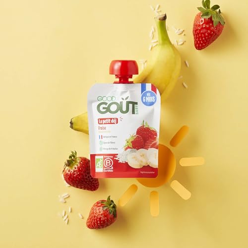 Detalle de GOOD GOÛT Petit Déj Fraise – Gourde bébé dès 6 mois, format nomade, sans sucres ajoutés, 10x70 g