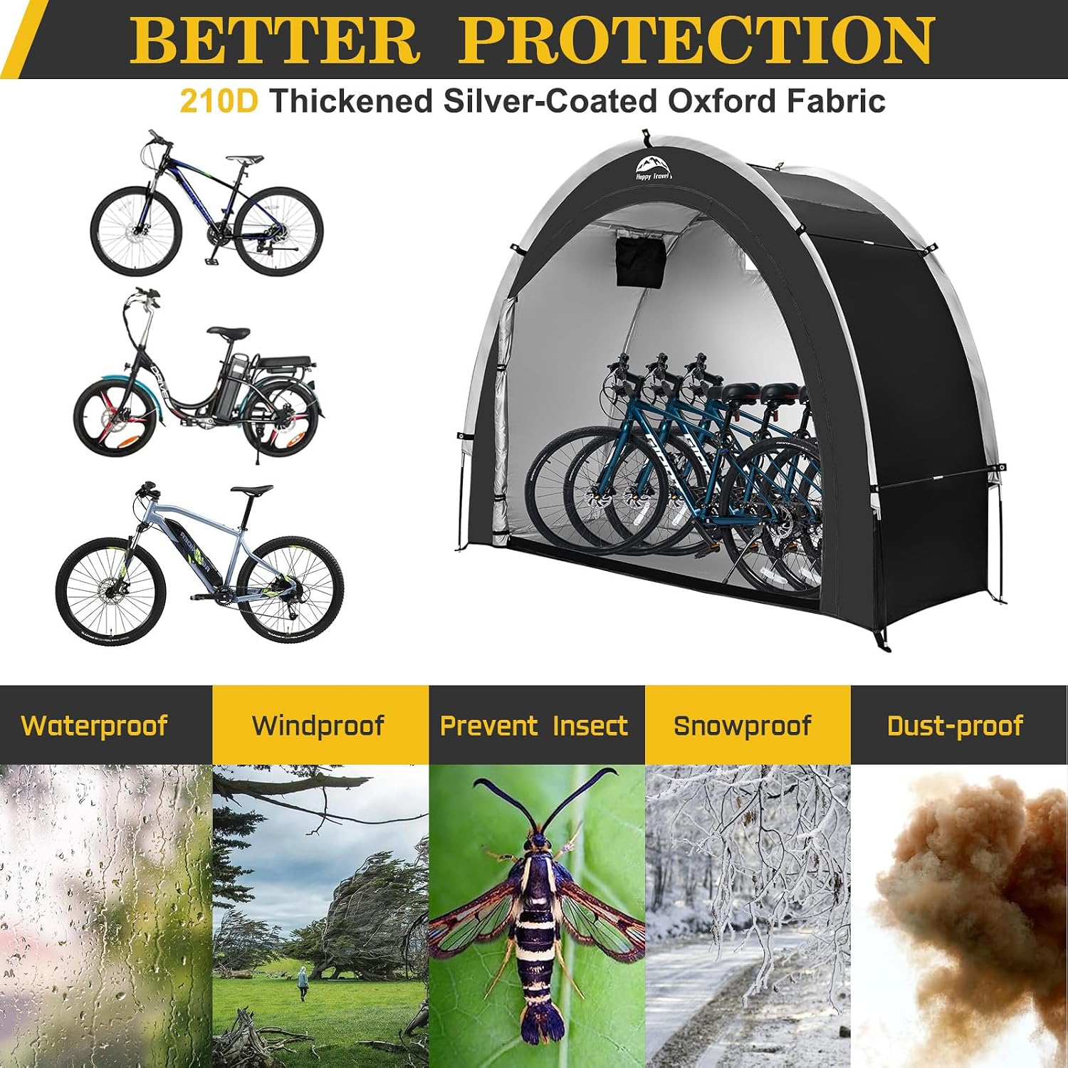 Detalle 1 de HAPPY TRAVEL XL for 2 or 3 Bikes-Black Bike Storage Tent, Waterproof 210D Oxford