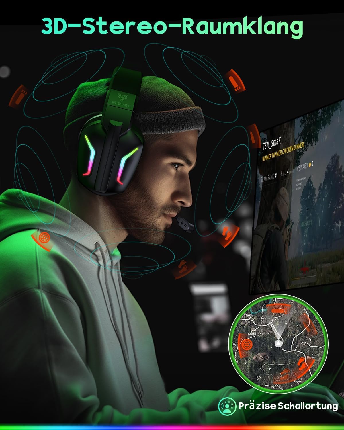 Detalle 2 de WESEARY Wireless Gaming Headset mit Mikrofon – 2,4 GHz & Bluetooth, 60 h Akku, Surround Sound, USB-Dongle für PS5/PS4/PC/Switch