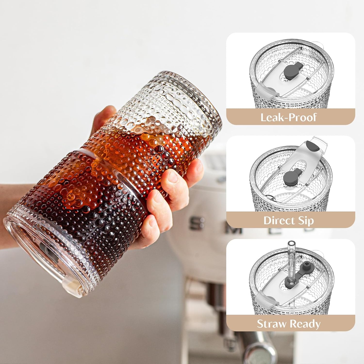 Detalle de INSETLAN 20oz Hobnail Glass Cups with Lids and Glass Straws — 4 Pieces