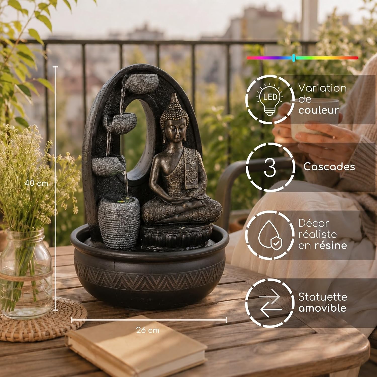 Thumbnail 4 de Fontaine d’intérieur Bouddha Harmonie Zen’Light (40 cm) avec 2 LED colorées et pompe silencieuse