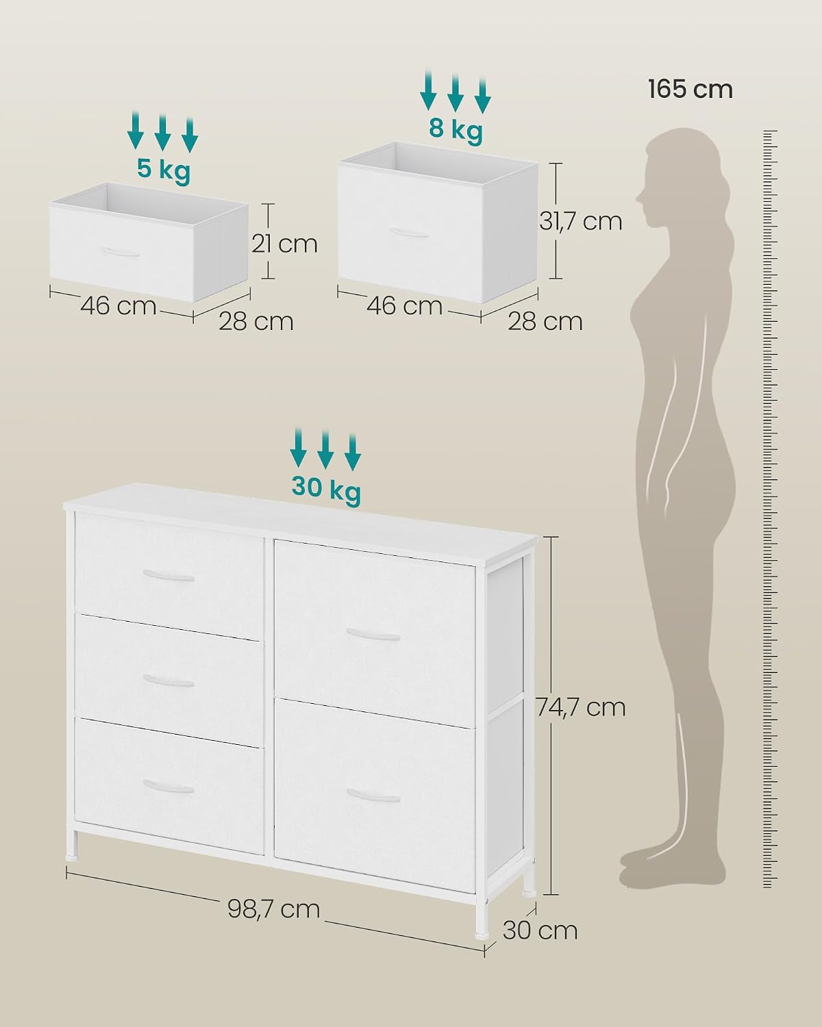 Detalle de SONGMICS LGS235W101 commode met 5 stoffen laden en houten bovenblad