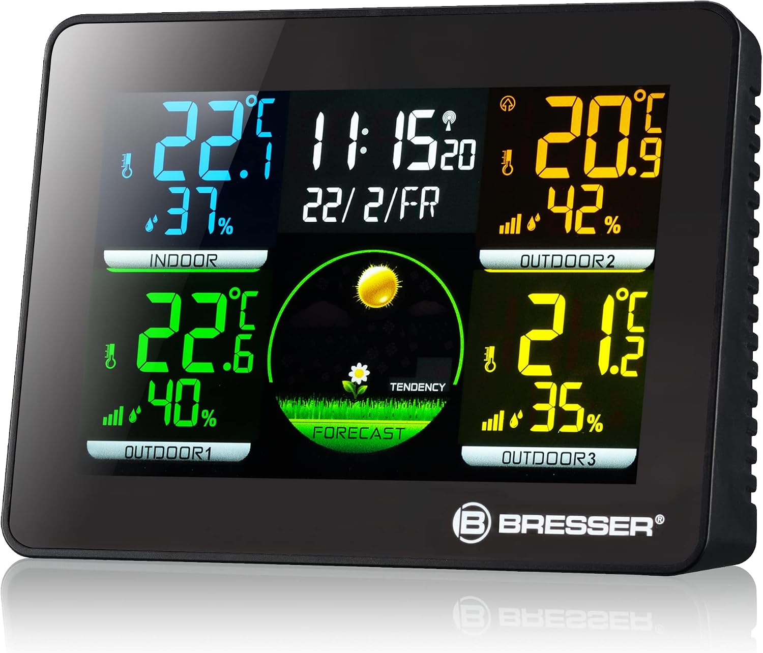 Detalle de Bresser Wetterstation Funk 7000023 mit Außensensor Thermo/Hygro Quadro NLX (3 Außenfühler, DCF, Farbdisplay)