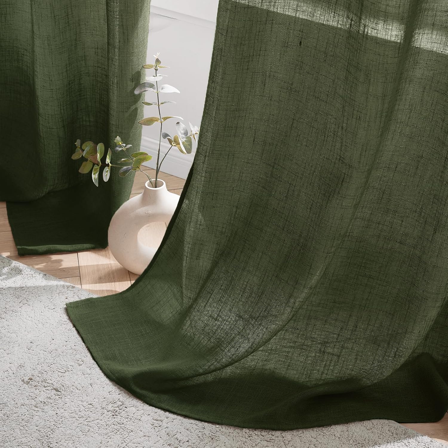 Detalle de Woaboy Leinen-Gardinen Matcha Grün (Halbtransparent) mit Ösen, 2er-Set 140x225 cm