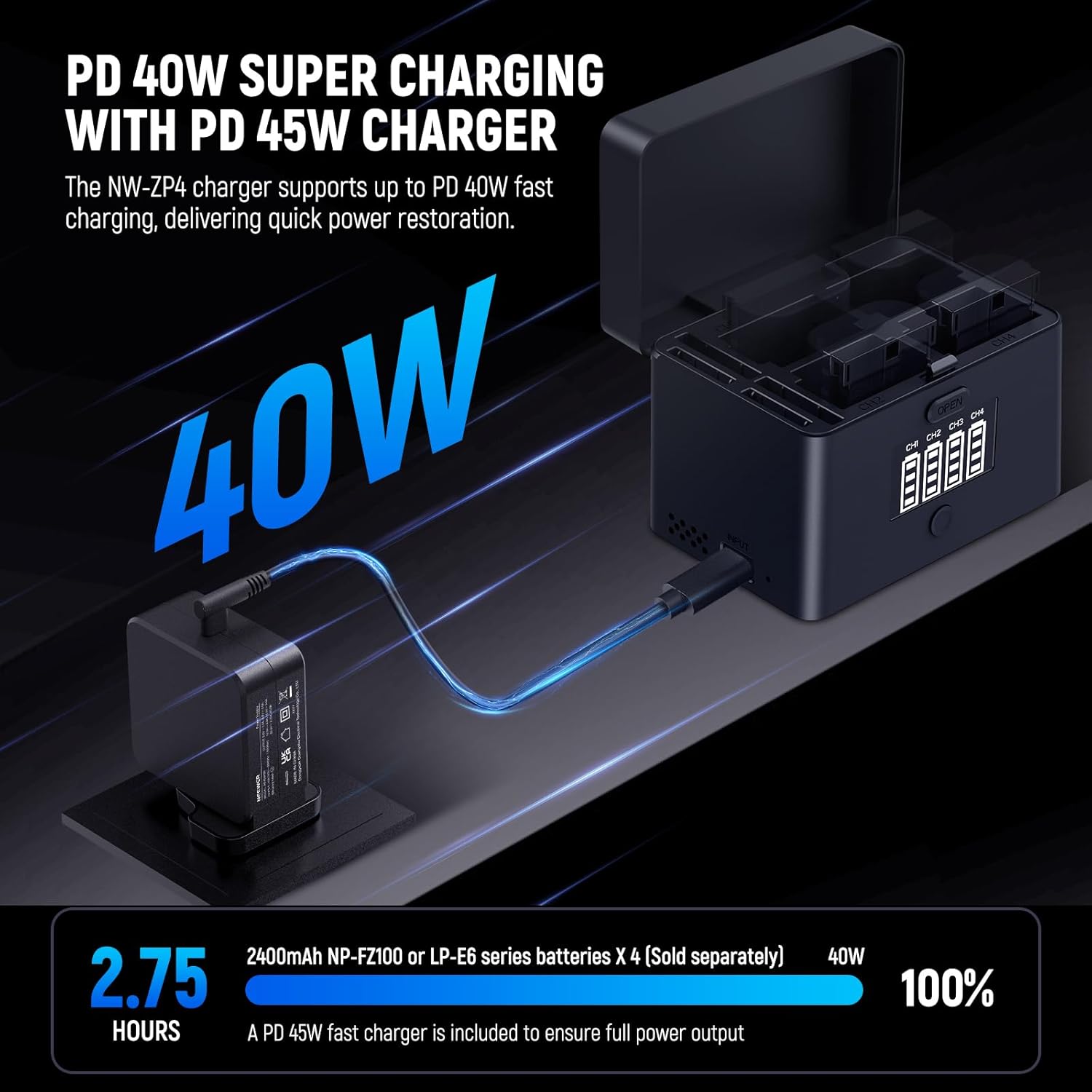 Detalle de NEEWER NW-ZP4 2-in-1 Four-Channel USB Battery Charger for NP-FZ100 & LP-E6 Series