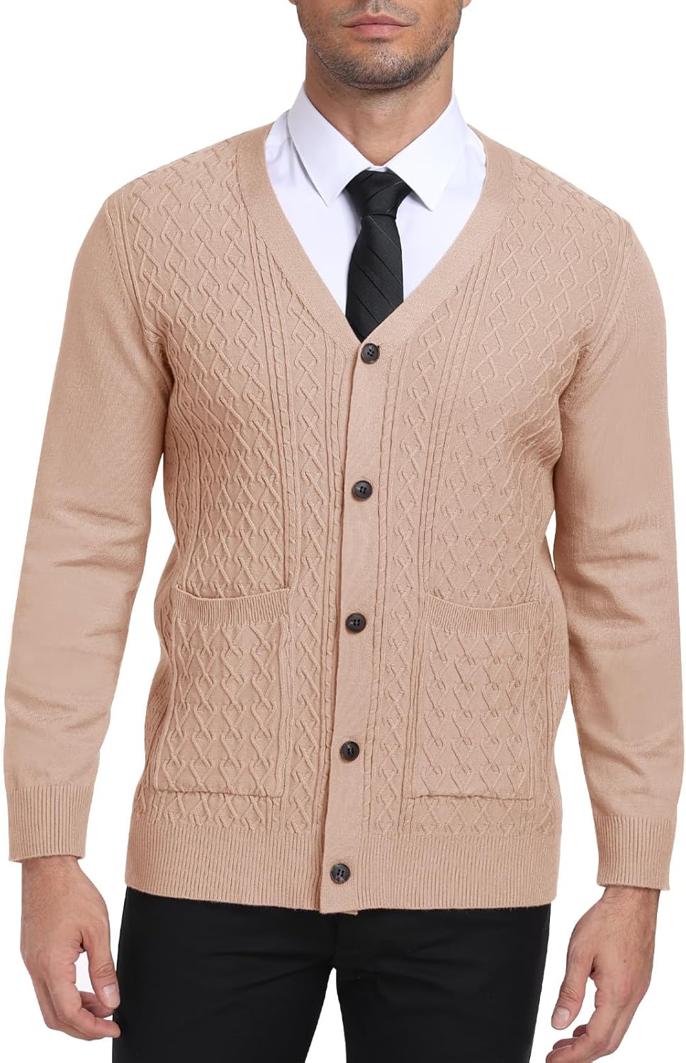 Detalle de PCEAIIH Men's Cardigan Sweater Knit Jumper with V-Neck, Shawl Collar, Pockets and Long Sleeves