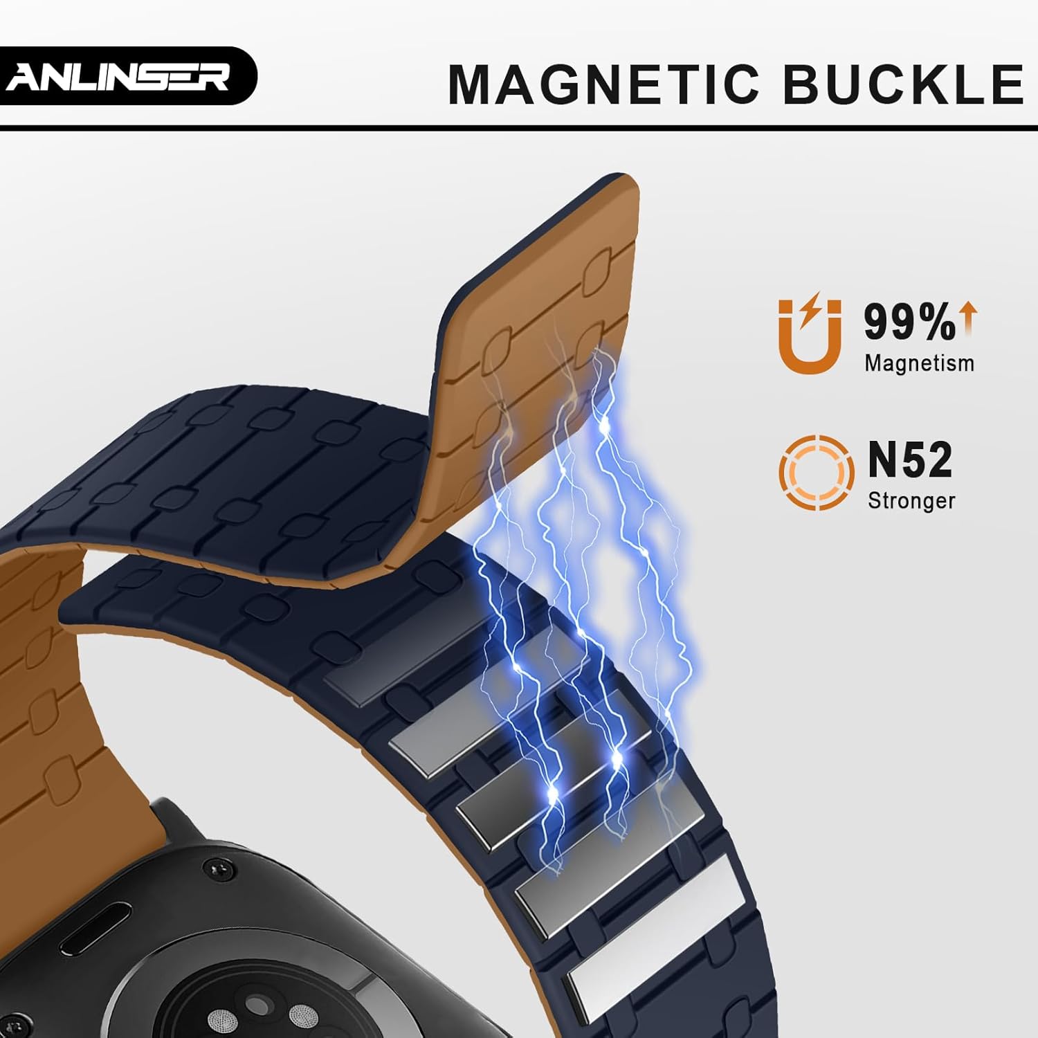 Thumbnail 3 de Anlinser Apple Watch Magnetic Silicone Band (49mm–42mm) – Brown/Indigo