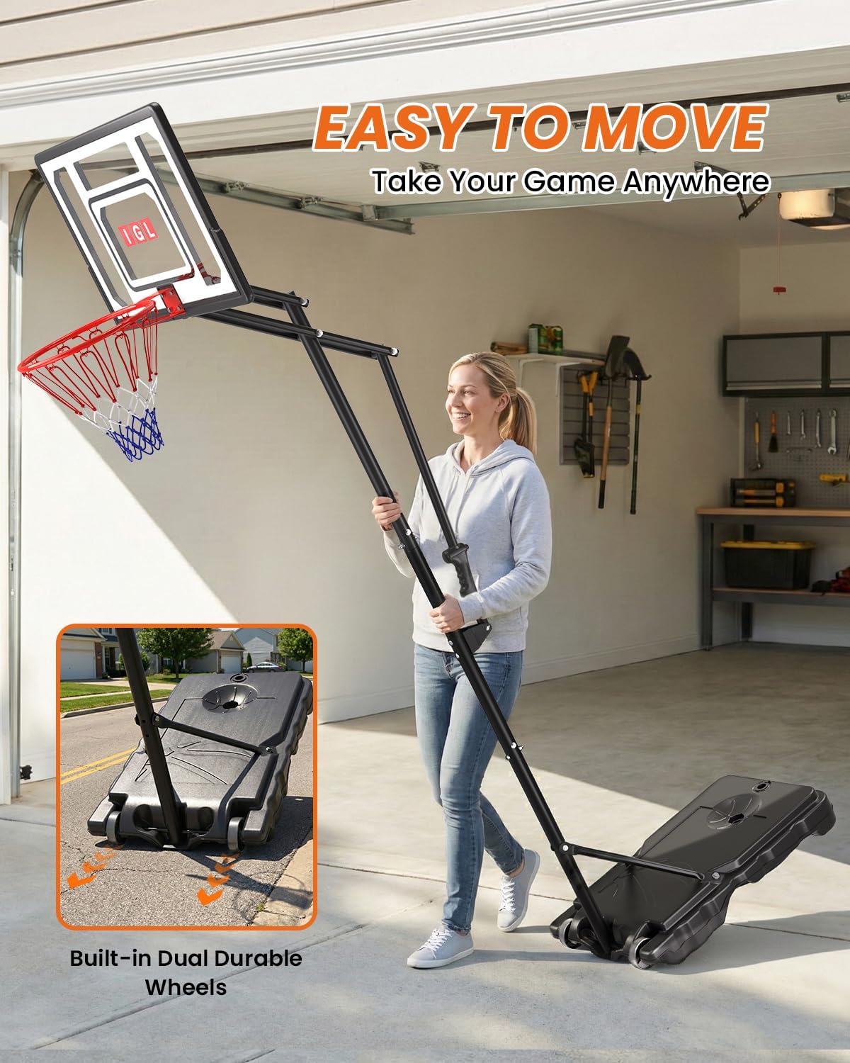 Detalle de IGL Kids Basketball Hoop Outdoor: Adjustable 4–8.5 ft, 33" Backboard, Portable with Wheels