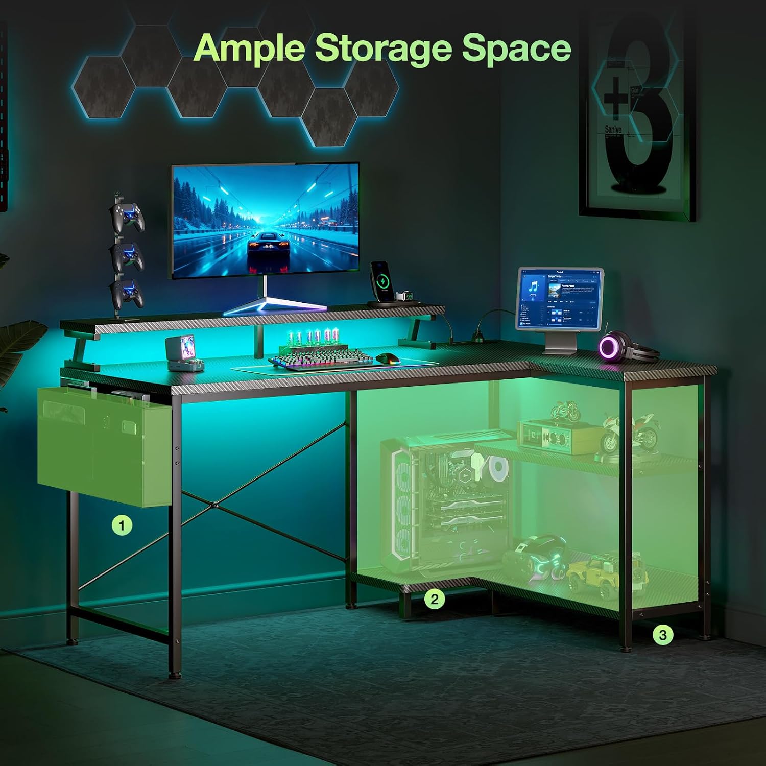 Thumbnail 6 de Coleshome L Shaped Gaming Desk with LED Lights (120 × 80 cm) – Carbon Fibre Black