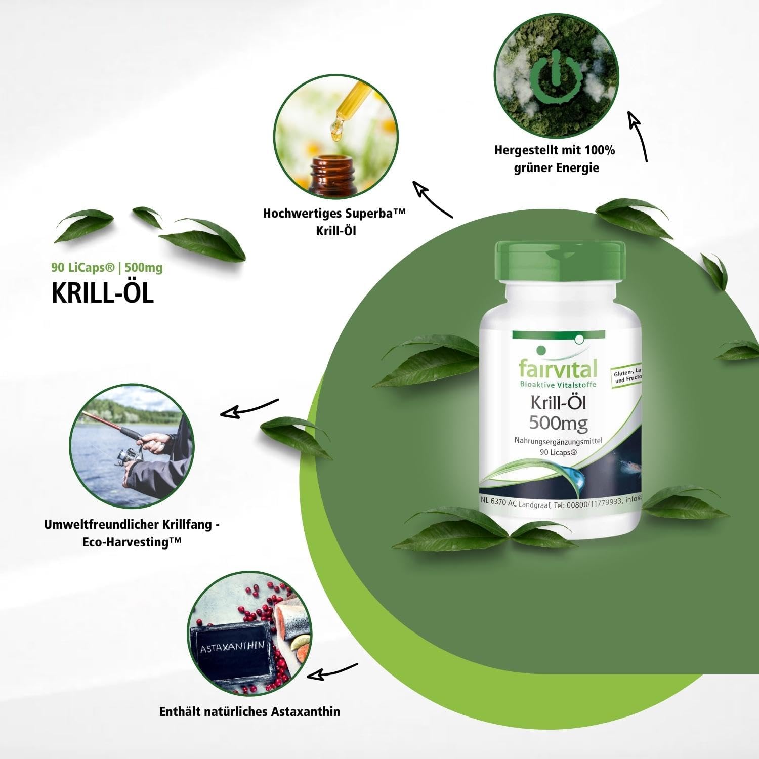 Detalle de Fairvital Krill-Öl Kapseln 500 mg, 90 Stk. Hochdosiert mit EPA/DHA und Astaxanthin